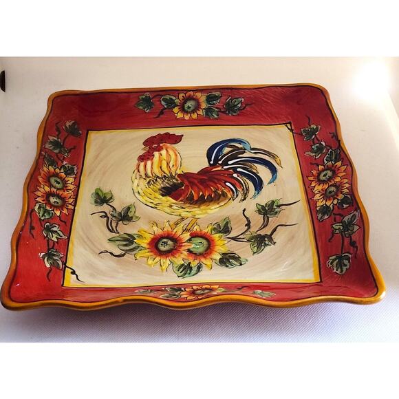 PLATTER/SERVING DISH-GALLO-Ceramic-Rooster-Sunflowers-Ruffled Edge-Decor-11"x11" - Picture 7 of 13